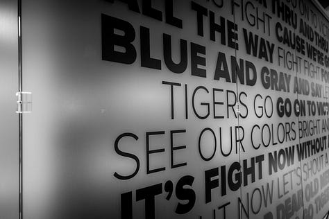 University of Memphis "tigers around town" with paint and image of school fight song