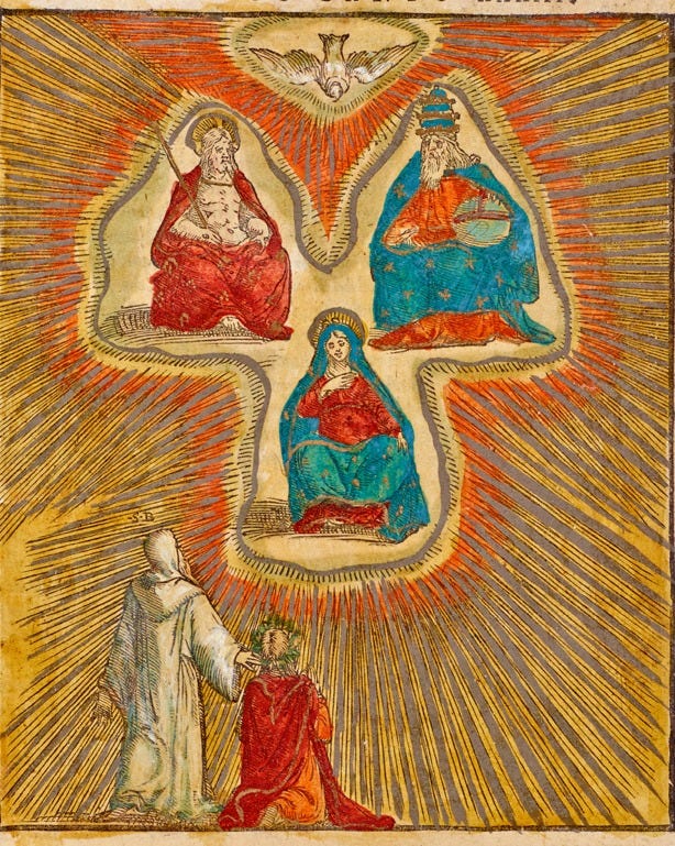 St. Bernard appeals to the Virgin Mary on Dante's behalf and she gazes down upon him with compassion. 