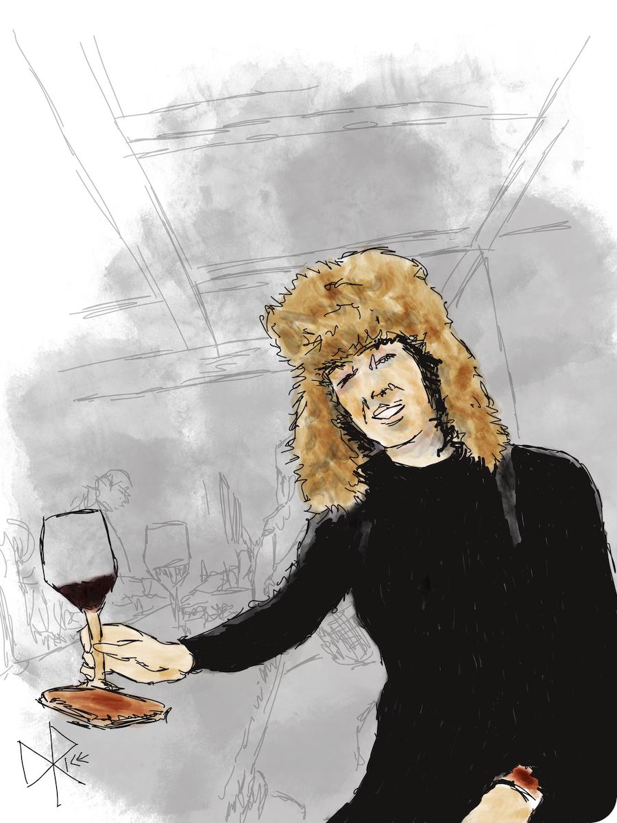 A woman wearing a fuzzy hat with earflaps is seated at a bar, toying with a glass of red wine. Sketch art by Don Rice.