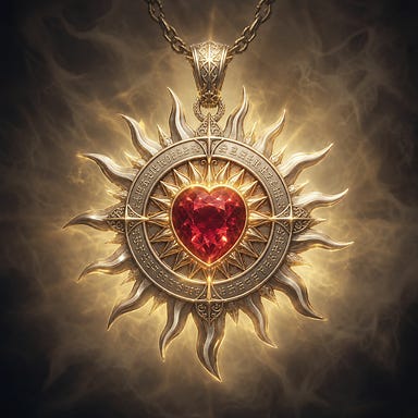 Sigil of the Sun as Sergei von Zarovich once carried it, a platinum sunburst medallion with a ruby heart glowing like captured dawn, etched Morninglord runes, warm golden radiance pushing back Barovian mist, sacred and ancient, no resemblance to any real-world design
