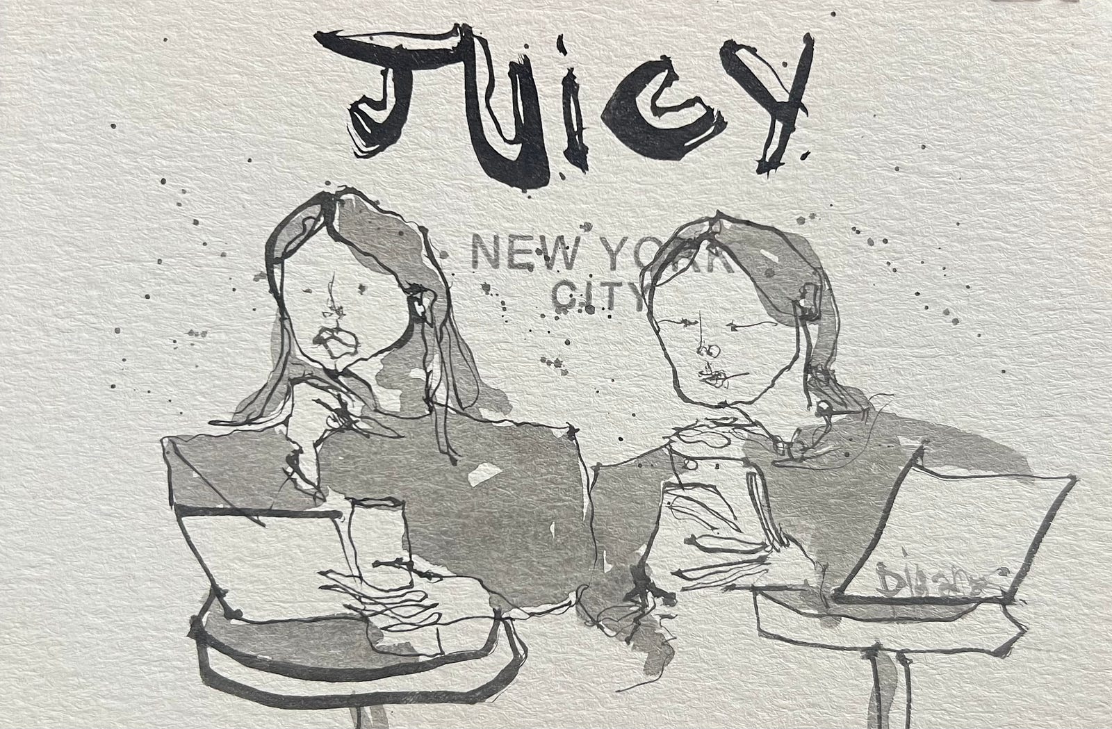 Hand-drawn illustration of two friends sitting at a cafe table with laptops — artwork by Dig Ferreira