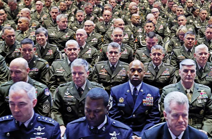Senior military leaders gathered at Marine Corps Base Quantico in Quantico, Virginia, Sept. 30, 2025. (Alex Wong/Getty Images)