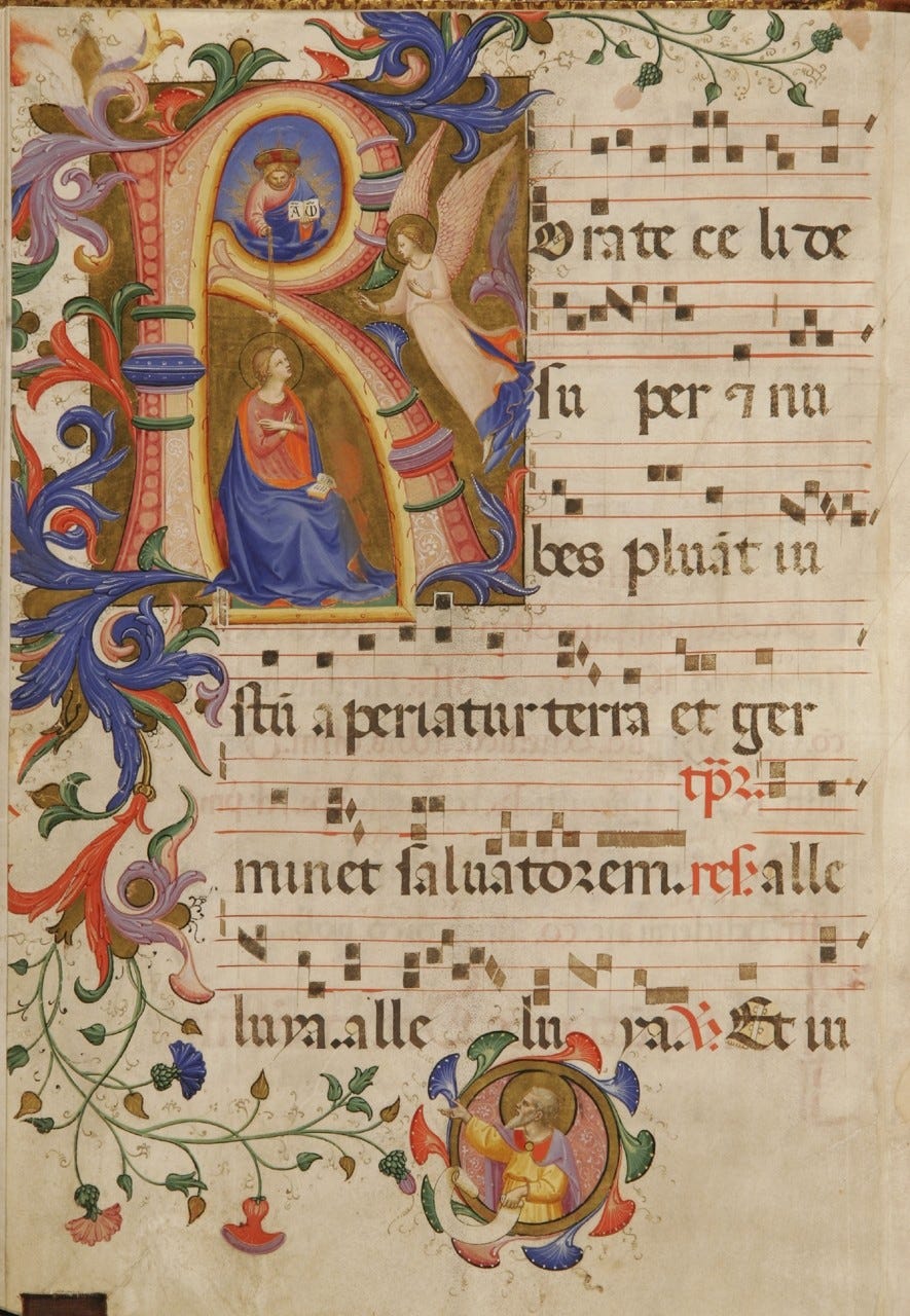 The angel Gabriel bowing to the Virgin Mary in a plain room The angel Gabriel bowing to the Virgin Mary in a plain room