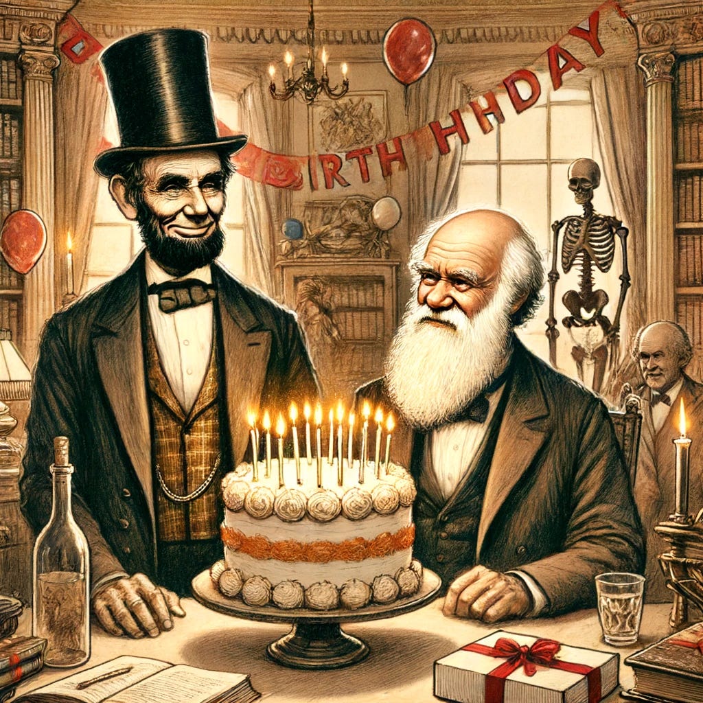 A drawing of Abraham Lincoln and Charles Darwin celebrating a birthday together. Lincoln, in his iconic suit and tall hat, and Darwin, with his long beard and classic 19th-century attire, are smiling and standing around a birthday cake with lit candles. They are in a warmly lit room with festive decorations like balloons and streamers. There are books and historical artifacts around, symbolizing their contributions to history and science. The atmosphere is cheerful and lively, with a sense of camaraderie and celebration.