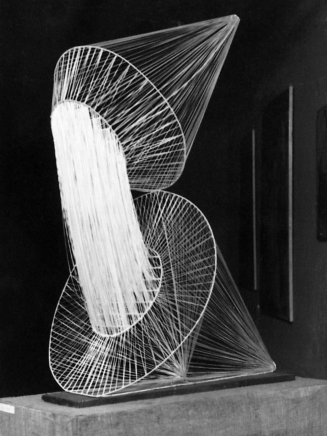Jadwiga Maziarska, Untitled [Spatial Model], (threads, wire, wood), 1948, 1st Exhibition of Modern Art, 1948 (presented in the room of models), archival photograph from 1948, now collection of National Museum in Krakow [Muzeum Susch, Susch. © Estate of Jadwiga Maziarska]