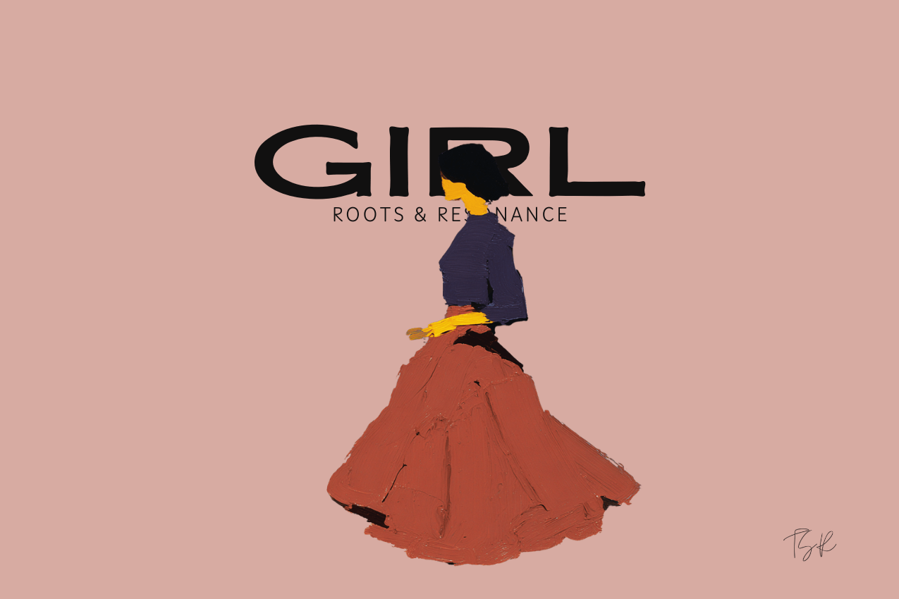 Cover image featuring a skirt-wearing figure in motion, walking through the centered keyword GIRL. The composition is set against a dusty rose background. Part of the Roots & Resonance series at The Subtext Review. Cover image featuring a skirt-wearing figure in motion, walking through the centered keyword GIRL. The composition is set against a dusty rose background. Part of the Roots & Resonance series at The Subtext Review.
