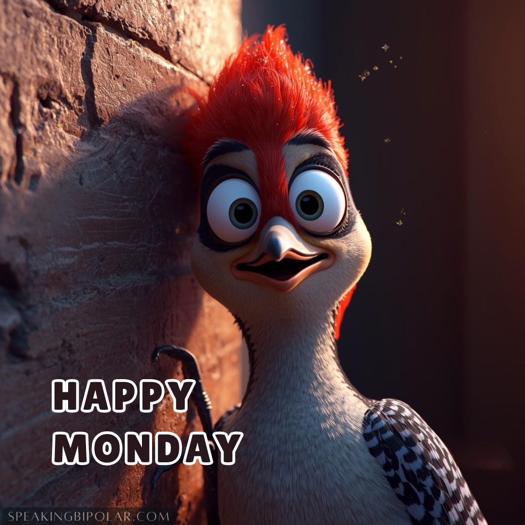 A happy cartoon woodpecker near a wall in a darkened room.