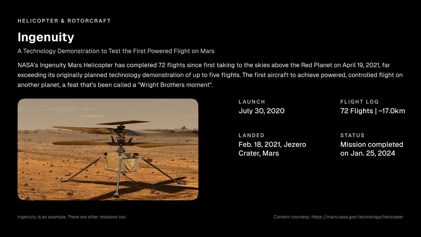 Helicopter & Rotorcraft spacecraft example - Ingenuity (A Technology Demonstration to Test the First Powered Flight on Mars) Helicopter & Rotorcraft spacecraft example - Ingenuity (A Technology Demonstration to Test the First Powered Flight on Mars)
