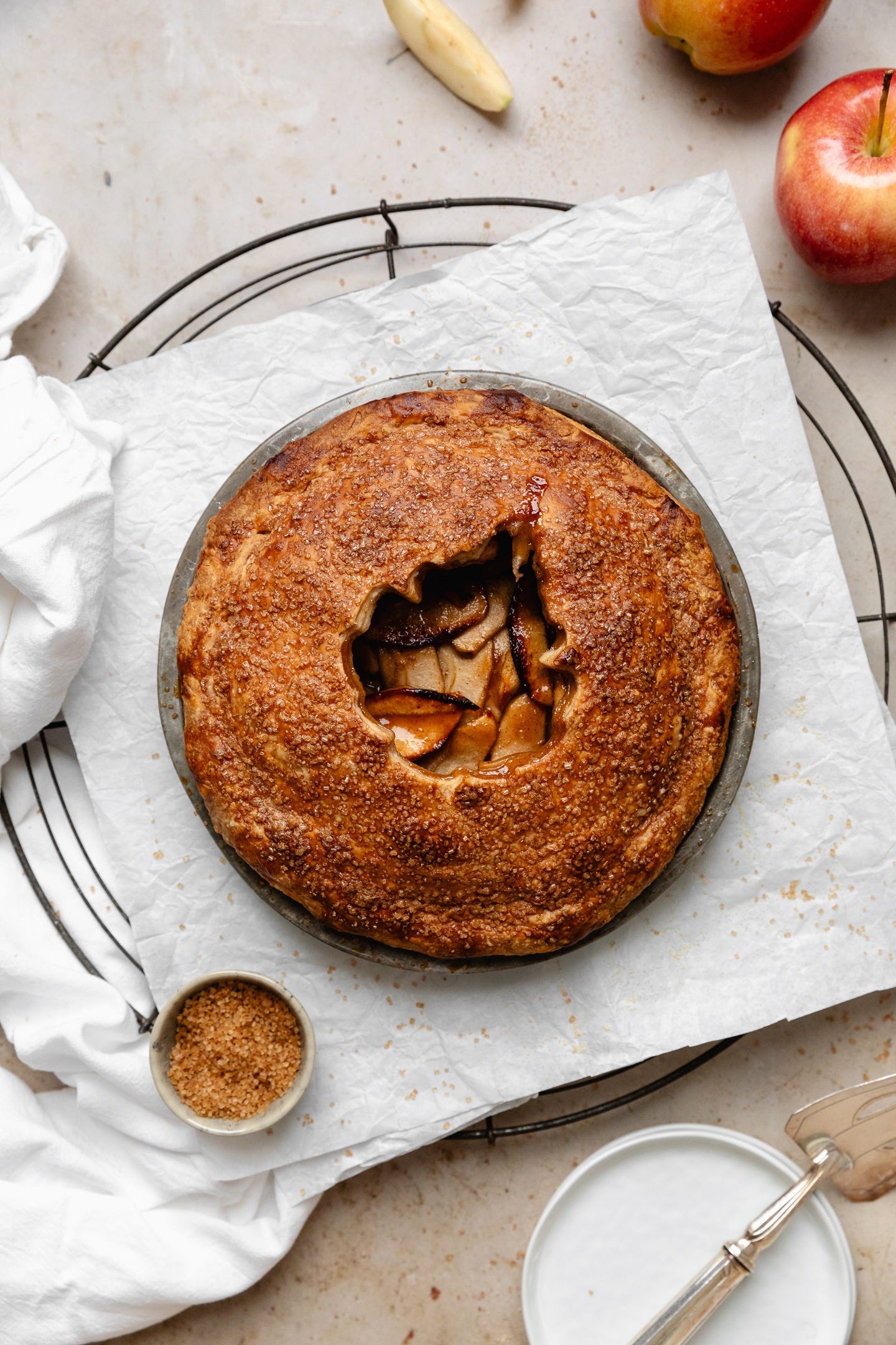 Vegan maple miso apple pie on parchment paper