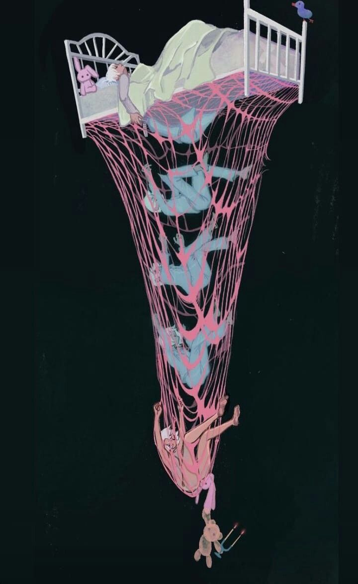 This may contain: a woman standing on top of a tall structure with pink and blue lines in it