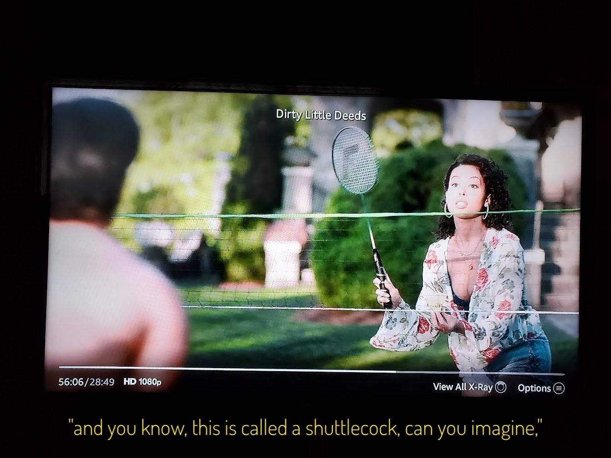 Madison, dressed in a flirty outfit, preparing to serve the shuttlecock to a shirtless Simon, captioned "and you know, this is called a shuttlecock, can you imagine"