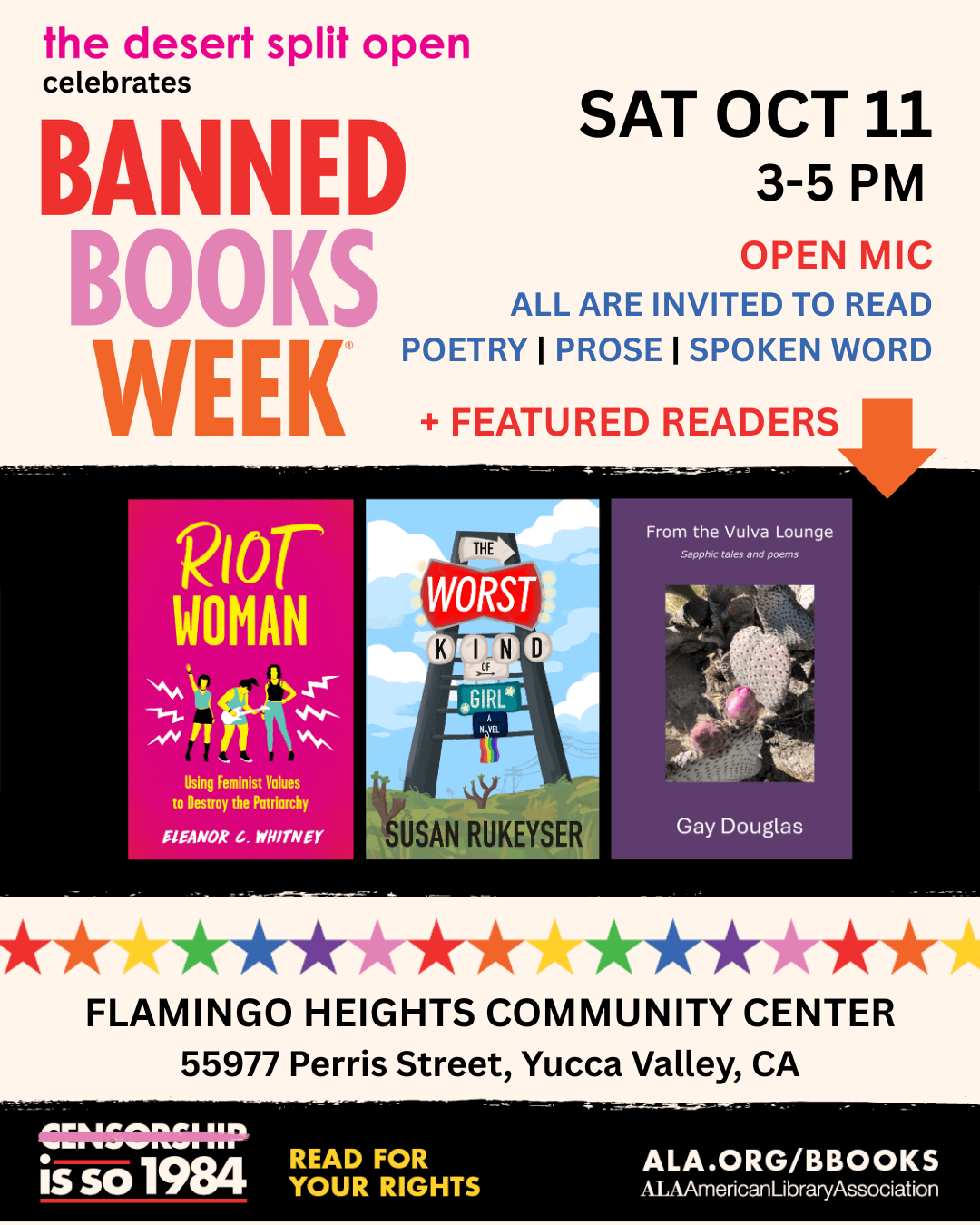 Reading and open mic, Saturday October 11, 3 - 5 pm, Flamingo Heights Community Center, 55977 Perris Street, Yucca Valley, CA 922284