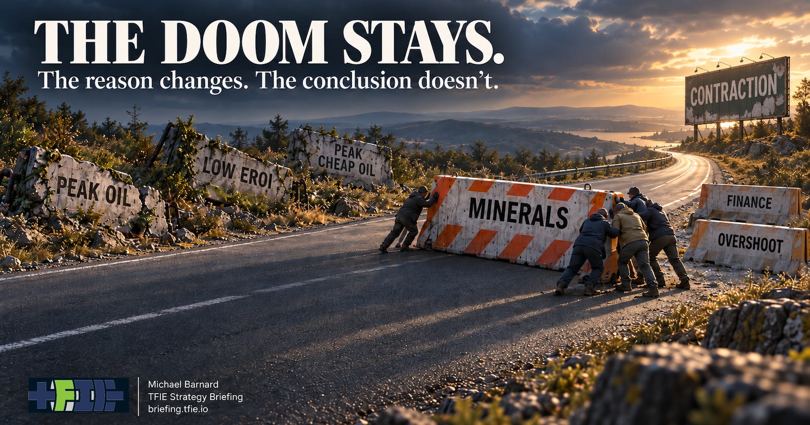 A road continues toward the horizon past broken barriers labelled Peak Oil, Low EROI and Peak Cheap Oil. People push a new Minerals barrier across the road while Finance and Overshoot barriers wait nearby and an old billboard still reads Contraction.