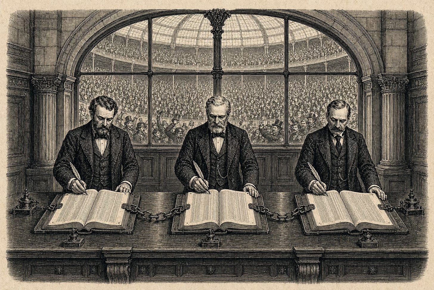 Wood-engraving editorial illustration in the Thomas Nast Harper's Weekly style for Attention Capital's essay The Sports Bond. Three Victorian-era bankers stand behind a long wooden table, each preparing to sign one of three identical contracts, the contracts physically chained together to represent joint and several obligation. Above them, a vast arched window reveals a packed stadium crowd inside a domed arena. The composition visualizes the structure of the NBA's $76 billion 11-year media rights deal with Disney, NBCUniversal, and Amazon Prime Video as a coupon-bearing credit instrument with three-counterparty diversification, the central credit thesis of the essay. Wood-engraving editorial illustration in the Thomas Nast Harper's Weekly style for Attention Capital's essay The Sports Bond. Three Victorian-era bankers stand behind a long wooden table, each preparing to sign one of three identical contracts, the contracts physically chained together to represent joint and several obligation. Above them, a vast arched window reveals a packed stadium crowd inside a domed arena. The composition visualizes the structure of the NBA's $76 billion 11-year media rights deal with Disney, NBCUniversal, and Amazon Prime Video as a coupon-bearing credit instrument with three-counterparty diversification, the central credit thesis of the essay.