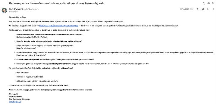 Emails sent to Milaim Zeka by our chief editor Vudi Xhymshiti.