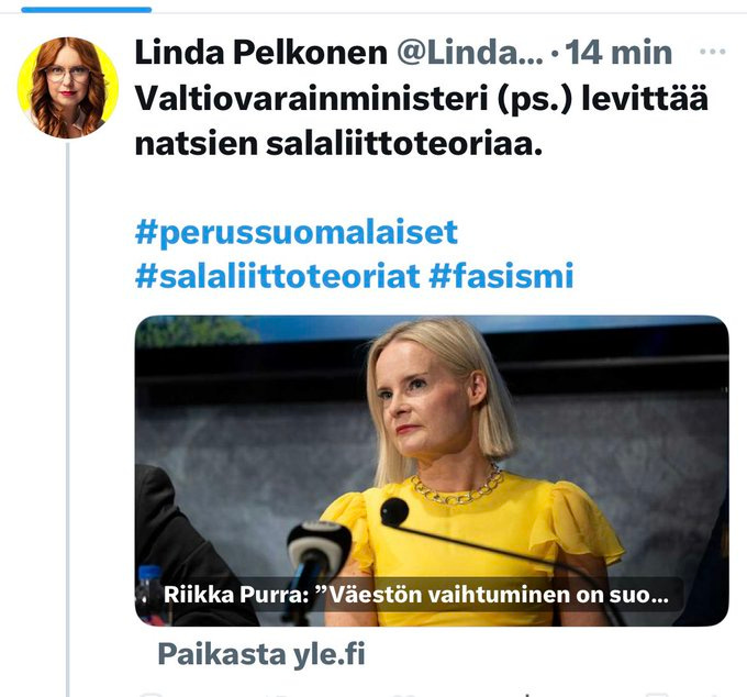 Kun puhutte ”väestönvaihdosta”, joku Linda, eli “tosi suvaitsevainen”, vasemmistosta alkaa huutamaan salaliitoista ja natseista. Kun ette mainitse islamia nimeltä, autatte heitä. Termin “väestönvaihto” on keksinyt Euroopan natsit aikoinaan syyttämään liittolaisuuttaan islamistien kanssa “juutalaisten viaksi”. Kun puhutte ”väestönvaihdosta”, joku Linda, eli “tosi suvaitsevainen”, vasemmistosta alkaa huutamaan salaliitoista ja natseista. Kun ette mainitse islamia nimeltä, autatte heitä. Termin “väestönvaihto” on keksinyt Euroopan natsit aikoinaan syyttämään liittolaisuuttaan islamistien kanssa “juutalaisten viaksi”.