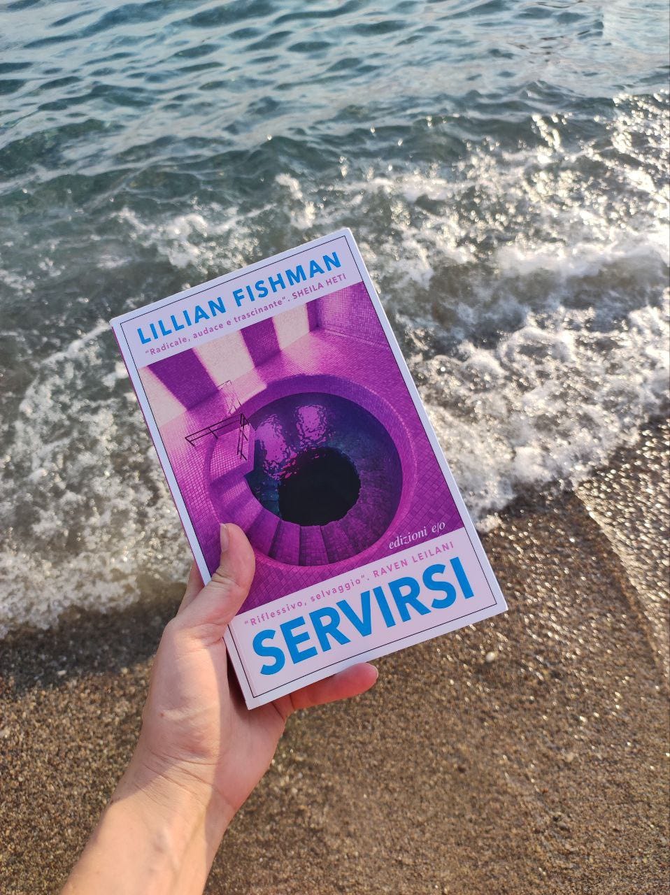 Foto al mare. Sullo sfondo si vede un onda che arriva sulla spiaggia, di sassolini piccoli tendenti al dorato. Una mano tiene un libro: Servirsi di Lillian Fisher. Le scritte sono azzurre, molto grandi. Sula copertina c'è un disegno sul viola, di una scala mobile che entra in un pozzo. 