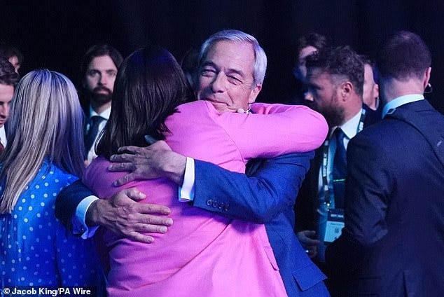 Jailed tweeter Lucy Connolly gets hug from Nigel Farage as she tells Reform  party conference: 'Unchecked immigration is a danger to my child and  everyone else's child' | Daily Mail Online