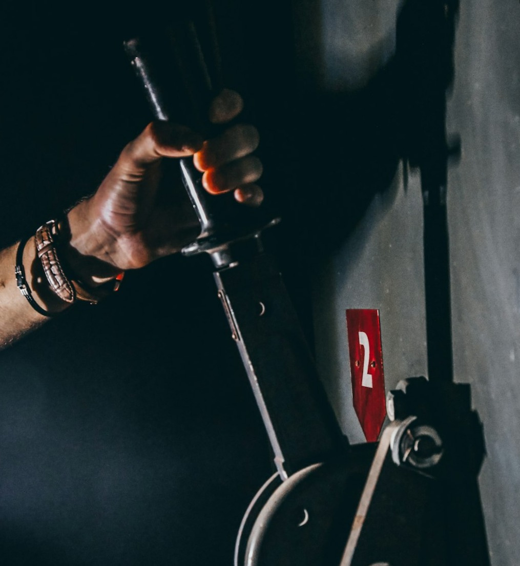 person holding black lever person holding black lever