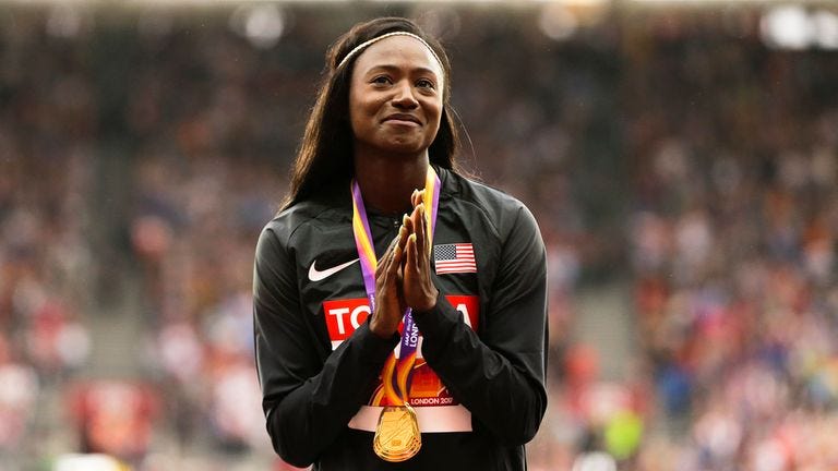FILE - United States' Tori Bowie gestures after receiving the gold medal she won in the women's 100m final during the World Athletics Championships in London, Monday, Aug. 7, 2017. Tori Bowie, the sprinter who won three Olympic medals at the 2016 Rio de Janeiro Games, has died, her management company and USA Track and Field said Wednesday, May 3, 2023. Bowie was 32. She was found Tuesday in her Florida home. No cause of death was given. (AP Photo/Alastair Grant, File)