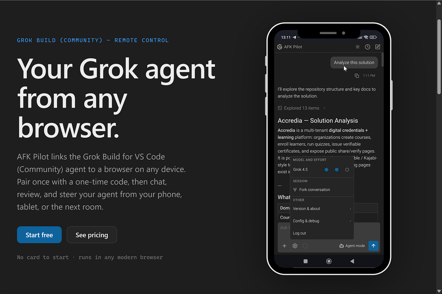 Grok remote control. AFK Pilot running the Grok Build agent in a phone browser Grok remote control. AFK Pilot running the Grok Build agent in a phone browser