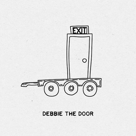 Whimsical trailer concepts, each with a unique name assigned such as Bob the Bomb, Jerry the Jailbird, Doug the Detective, Cory the Accordion, Debbie the Door, Dilbert the Diner, Micky the Misunderstood, Carrie the Carriage, Klein the Inclined