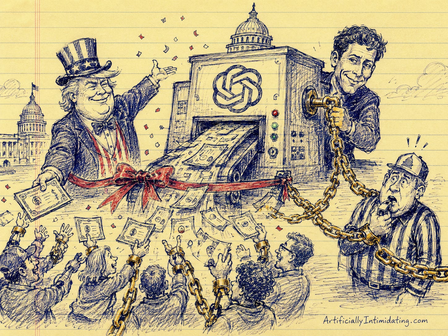AI created Hand-drawn editorial cartoon showing Donald Trump dressed as Uncle Sam unveiling a giant AI dividend machine in Washington while Sam Altman secretly operates it from behind. The machine showers stock certificates and dividend checks onto cheering Americans, but each payment is attached to golden chains leading back to an OpenAI-branded vault. A government referee tries to blow a whistle after realizing they are chained to the same system, illustrating concerns about public ownership of AI companies creating conflicts between regulation and financial dependence.