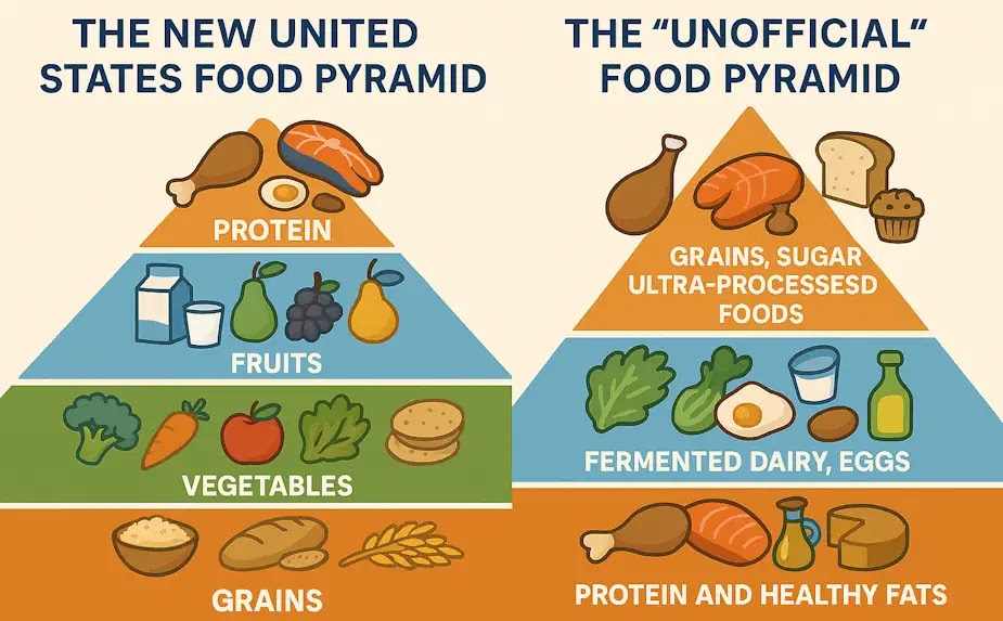 Visual comparison of the new United States food pyramid, highlighting differences between official and unofficial dietary guidelines.