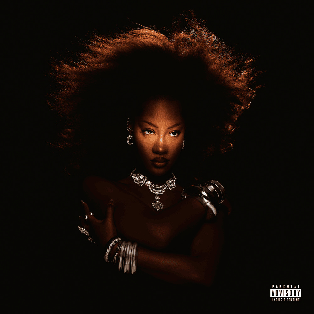 A dramatic portrait of a dark-skinned woman with a powerful, voluminous afro emerging from a black background. Warm, focused light illuminates her face and upper body, creating a glowing highlight across her eyes and nose. She gazes forward with intense, confident expression. She’s adorned in bold silver jewelry — a statement necklace, earrings, and stacked bracelets — her arms crossed over her chest. The overall aesthetic is regal, moody, and high-contrast, with her figure appearing almost sculpted out of the darkness. A small white VEVO logo sits in the lower left corner. A dramatic portrait of a dark-skinned woman with a powerful, voluminous afro emerging from a black background. Warm, focused light illuminates her face and upper body, creating a glowing highlight across her eyes and nose. She gazes forward with intense, confident expression. She’s adorned in bold silver jewelry — a statement necklace, earrings, and stacked bracelets — her arms crossed over her chest. The overall aesthetic is regal, moody, and high-contrast, with her figure appearing almost sculpted out of the darkness. A small white VEVO logo sits in the lower left corner.