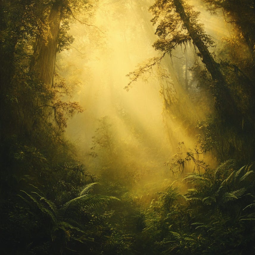 A misty California redwood forest at dawn, golden light filtering through towering trees, lush moss and ferns