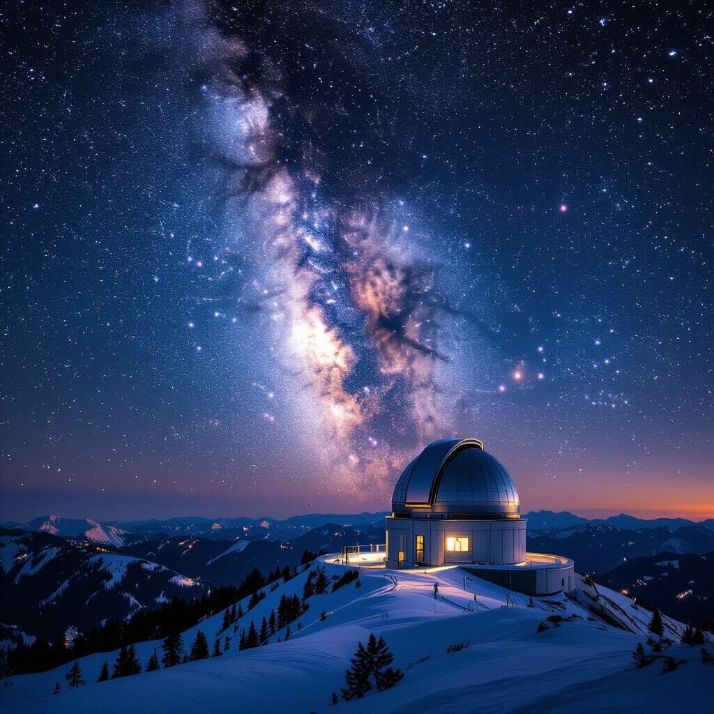 A crystal-clear view of the Milky Way galaxy arching over a remote, snow-capped mountain observatory. The sheer scale an… A crystal-clear view of the Milky Way galaxy arching over a remote, snow-capped mountain observatory. The sheer scale an…