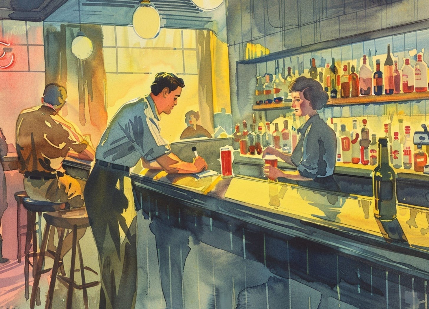vintage watercolor illustration of a neighborhood bar at night with bartenders working behind the counter while one employee quietly wipes down an empty section and others continue serving customers beneath a glowing neon sign vintage watercolor illustration of a neighborhood bar at night with bartenders working behind the counter while one employee quietly wipes down an empty section and others continue serving customers beneath a glowing neon sign