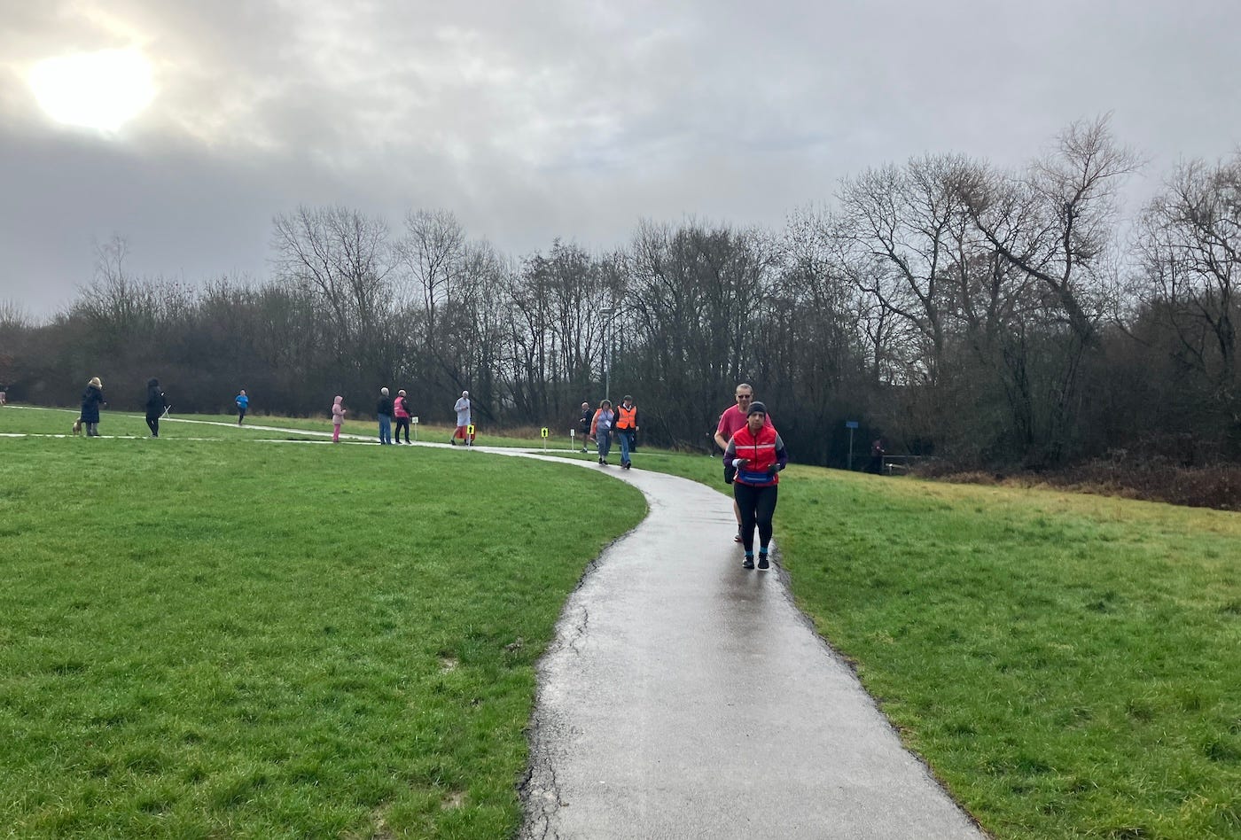 Grey skies over a wet path and soggy grass