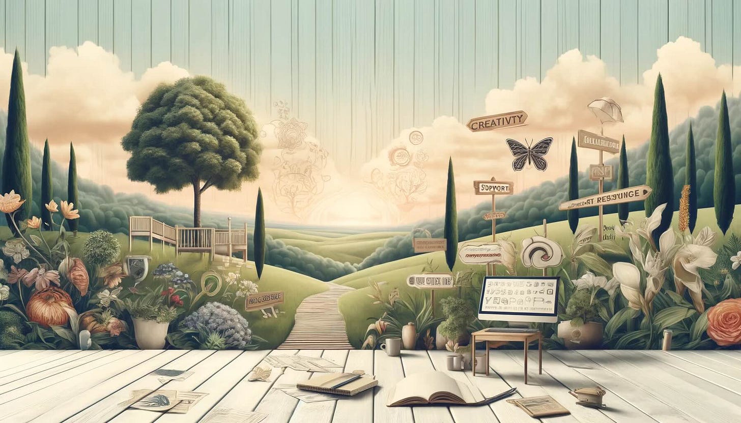 The illustrates a garden terrace, a writer's notebook, a computer, and subtle consumer items, reflecting a blend of creativity and consumerism in a serene setting.