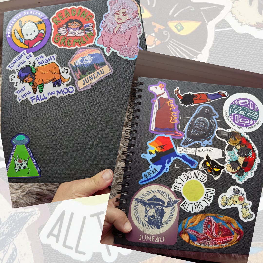 A collaged image showing the front and back of a hardback spiral-bound sketchbook. There are numerous stickers about Juneau, Alaska and various other stickers by cool artists