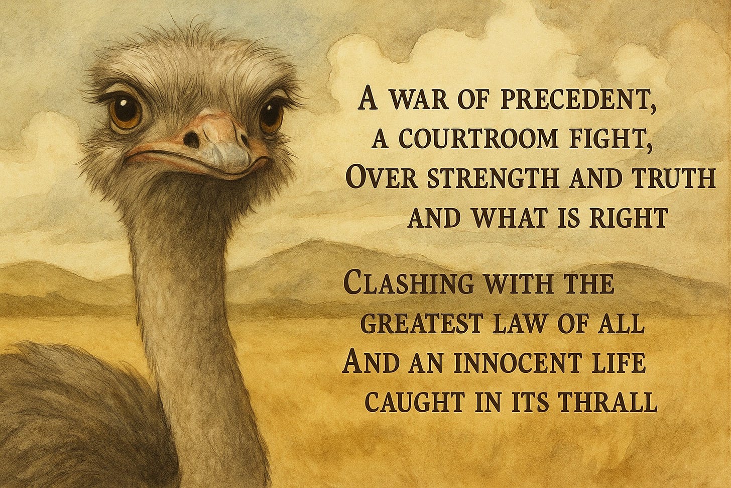 May be an image of flightless bird and text that says 'A WAR OF PRECEDENT, A COURTROOM FIGHT, OVER STRENGTH AND TRUTH AND WHAT IS RIGHT OF ALL CLASHING WITH THE GREATEST LAW AND AN INNOCENT LIFE CAUGHT IN ITS THRALL' May be an image of flightless bird and text that says 'A WAR OF PRECEDENT, A COURTROOM FIGHT, OVER STRENGTH AND TRUTH AND WHAT IS RIGHT OF ALL CLASHING WITH THE GREATEST LAW AND AN INNOCENT LIFE CAUGHT IN ITS THRALL'