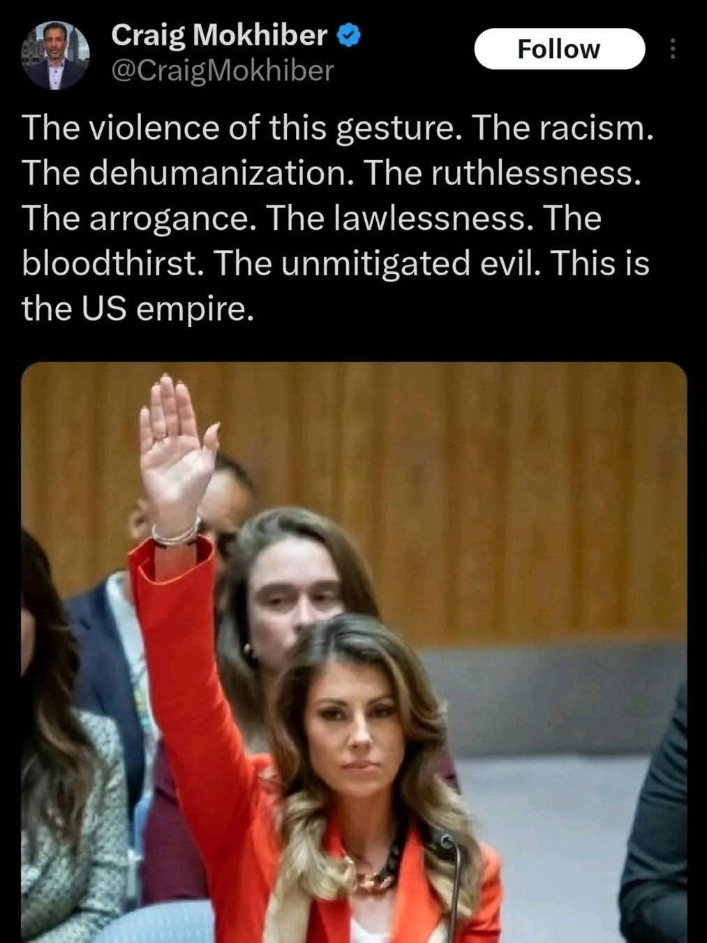 Puede ser una imagen de 3 personas y texto que dice "Craig Mokhiber @CraigMokhiber @Craig Follow The violence of this gesture. The racism. The dehumanization. The ruthlessness. The arrogance. The lawlessness. The bloodthirst. The unmitigated evil. This is the US US empire."