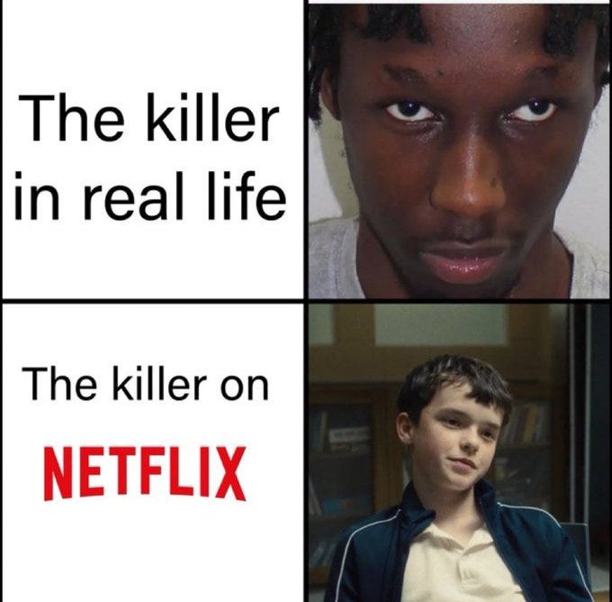A four-panel meme. Top left panel shows text "The killer in real life" above a photo of a man with dark skin, short hair, and a neutral expression, wearing a light gray shirt. Top right panel zooms in on the man’s face, showing his eyes, nose, and mouth. Bottom left panel shows text "The killer on Netflix" in red above a photo of a young boy with short brown hair, wearing a dark jacket over a light shirt, sitting indoors. Bottom right panel shows the same boy, slightly different angle, with bookshelves in the background.