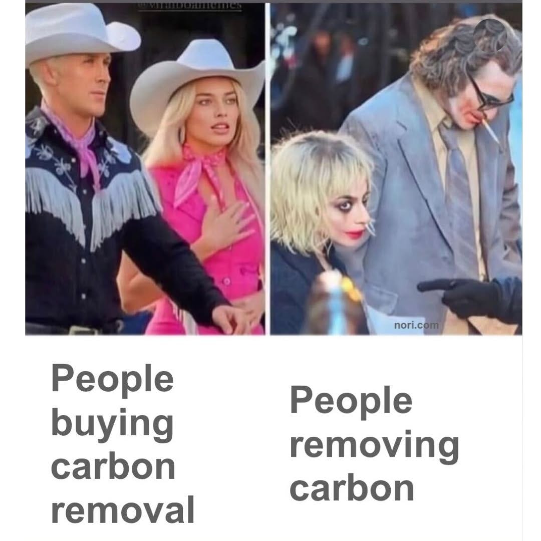 Two photos side by side. Left, a cowboy-costumed Barbie and Ken, labelled "People buying carbon removal". Right, a scruffy Joker and Harley Quinn, labelled "People removing carbon".