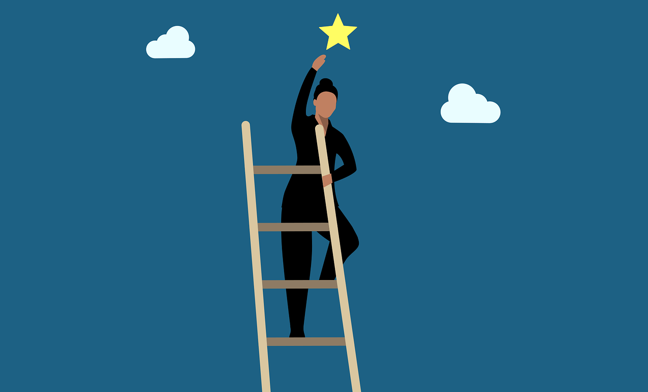 graphic image of a woman climbing a ladder reaching for a star graphic image of a woman climbing a ladder reaching for a star