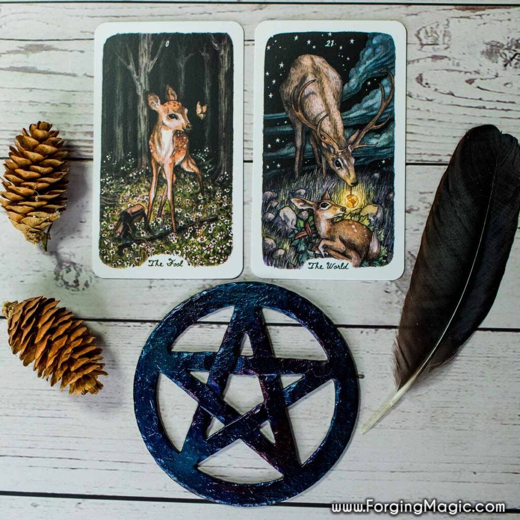 Oak Ash & Thorn Tarot Major Arcana featuring the Fool Card and the World Card