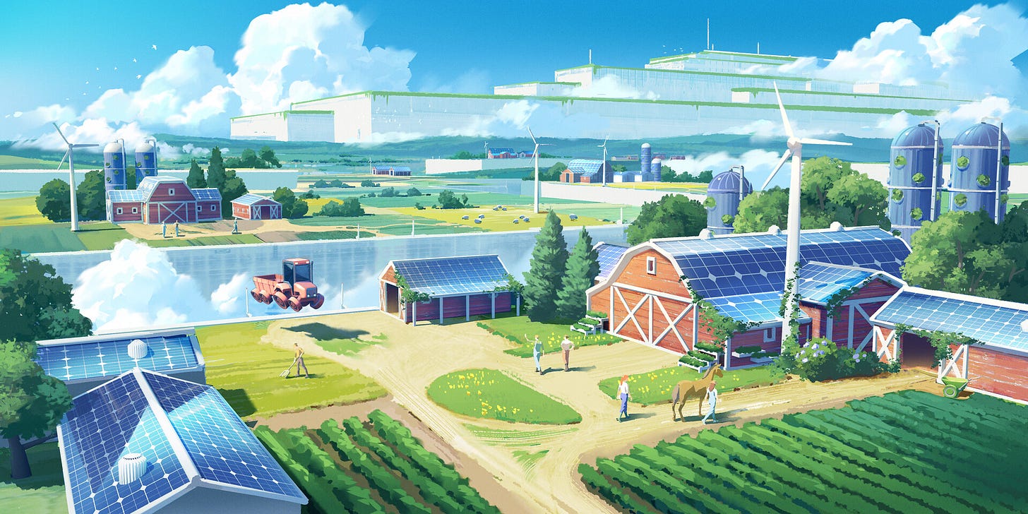 a digital art landscape painting showing barns covered in solar panels, wind turbines, and people farming