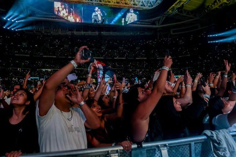 Fans cheer and wave at concert as video of artists plays on giant screens above Fans cheer and wave at concert as video of artists plays on giant screens above