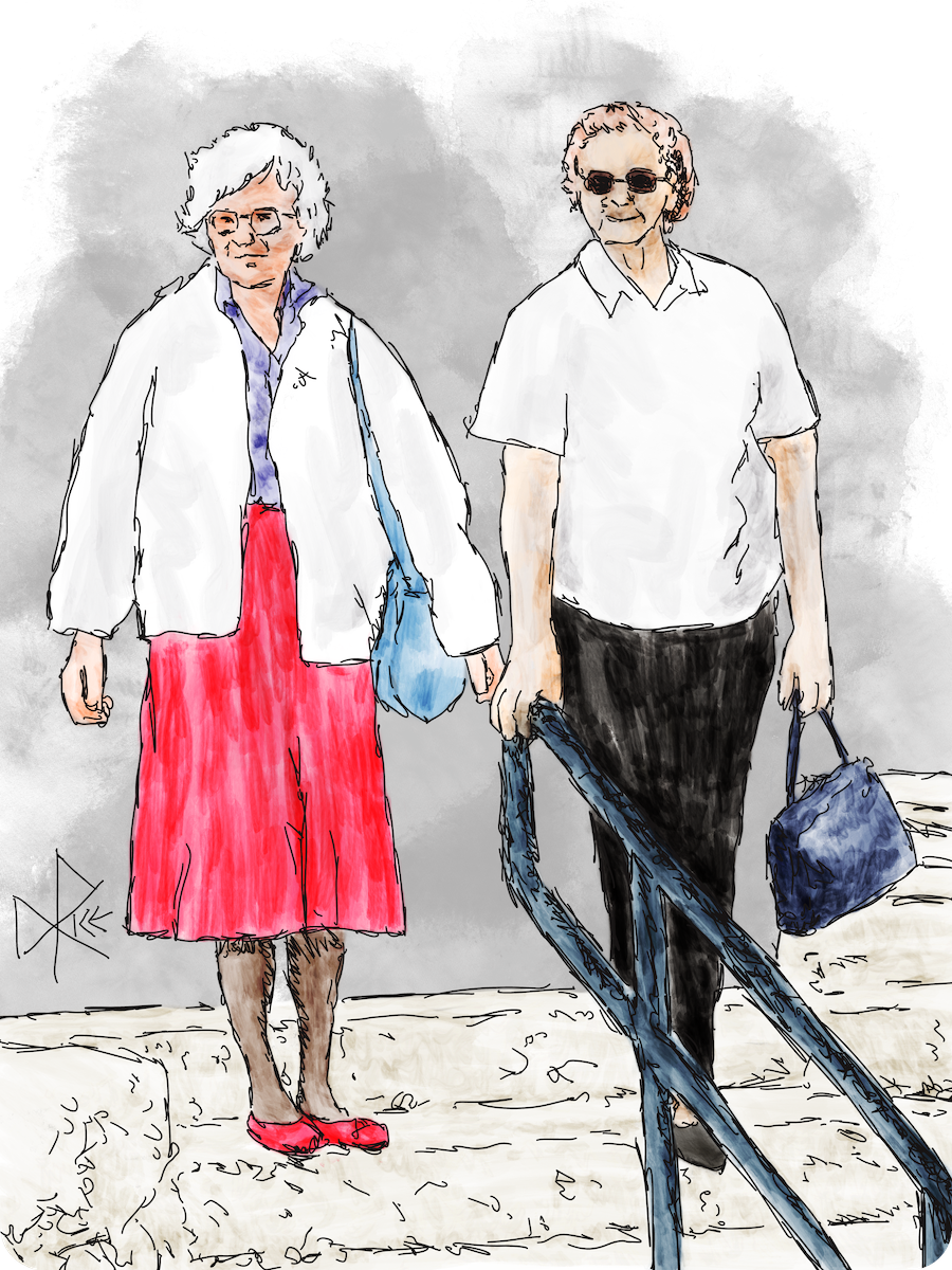 Two older women on the stairs outside of a building on a nice spring day. Sketch art by Don Rice. Two older women on the stairs outside of a building on a nice spring day. Sketch art by Don Rice.