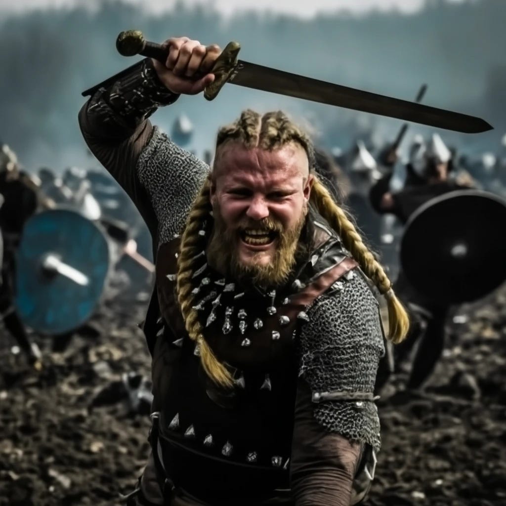 Viking warrior yelling and going berserk holding sword overhead Viking warrior yelling and going berserk holding sword overhead
