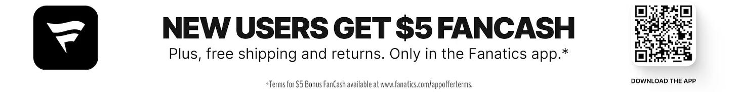 Fanatics banner highlighting “New Users Get $5 FanCash,” plus free shipping and returns, with QR code to download the app. Deals on seats, fan gear, and premium content subscriptions at www.NattyRoad.com 