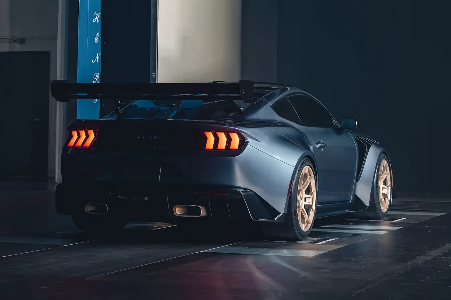 Rear view of a 2025 Ford Mustang GTD parked in a wind tunnel.