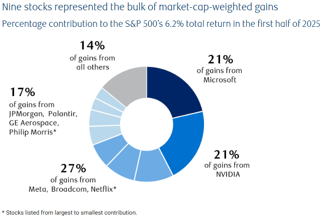 Pie chart showing that nine stocks drove most of the S&P 500’s 6.2 percent total return in early 2025, with Nvidia and Microsoft each contributing 21 percent of gains, followed by Meta, Broadcom, Netflix, JPMorgan, Palantir and others, highlighting extreme index concentration.