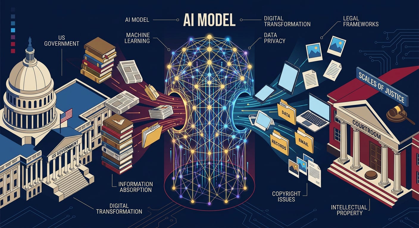 Flat isometric illustration of a giant AI model represented by a glowing neural network absorbing stacks of books, newspapers, photographs and digital documents, with a large US government building on one side and a courtroom with scales of justice on the other, dark navy background, clean vector art style, bold blue, red and gold accents, modern technology law editorial aesthetic Flat isometric illustration of a giant AI model represented by a glowing neural network absorbing stacks of books, newspapers, photographs and digital documents, with a large US government building on one side and a courtroom with scales of justice on the other, dark navy background, clean vector art style, bold blue, red and gold accents, modern technology law editorial aesthetic