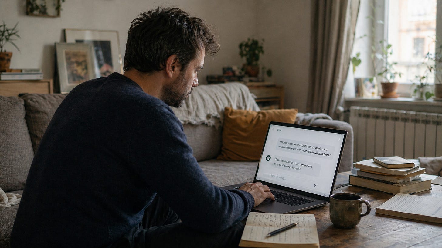 Un bărbat stă într-un living locuit și privește o conversație de chat deschisă pe laptop, sugerând felul în care inteligența artificială influențează atenția, clarificarea rapidă și ritmul deciziilor.